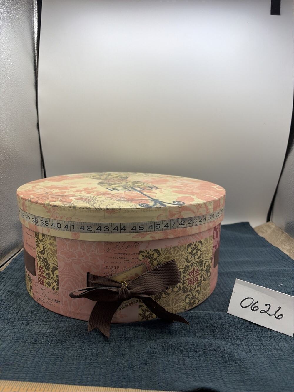 Vintage Kimberly Poloson Hat Box With Brown Ribbon Laced 11.75” Diameter 5.5” T